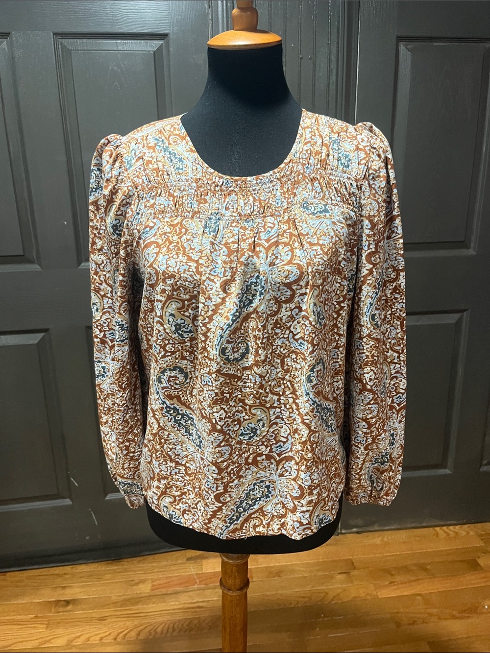 LOFT Brown Paisley Smocked Yoke Blouse